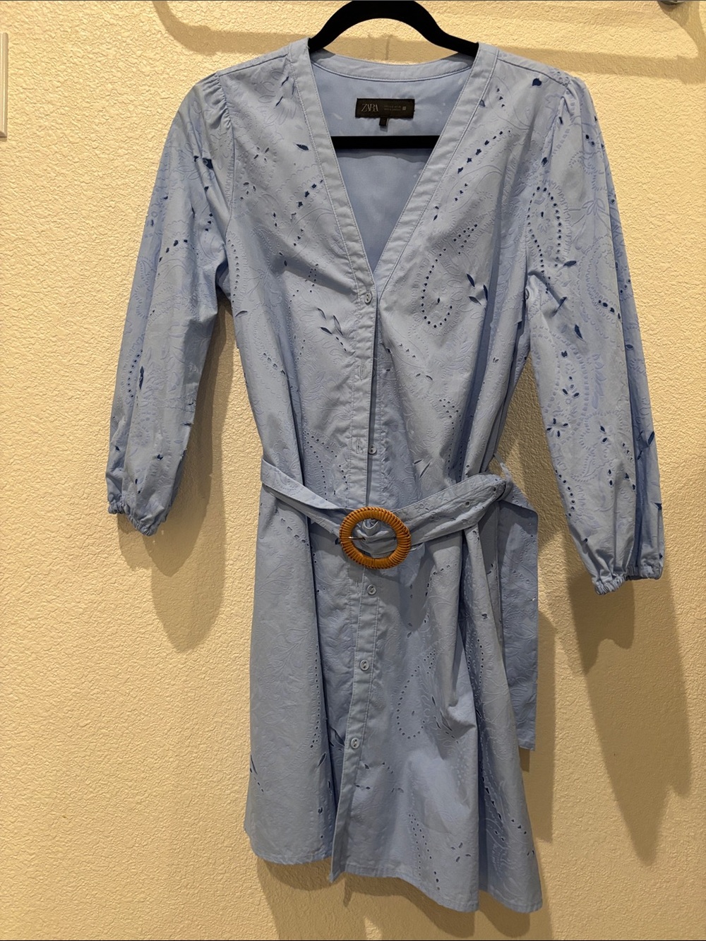 Zara Pale Blue Eyelet Midi Wrap Dress